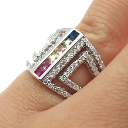 925 Sterling Silver Round & Princess-Cut Multi-Color C Z Ring Size 5