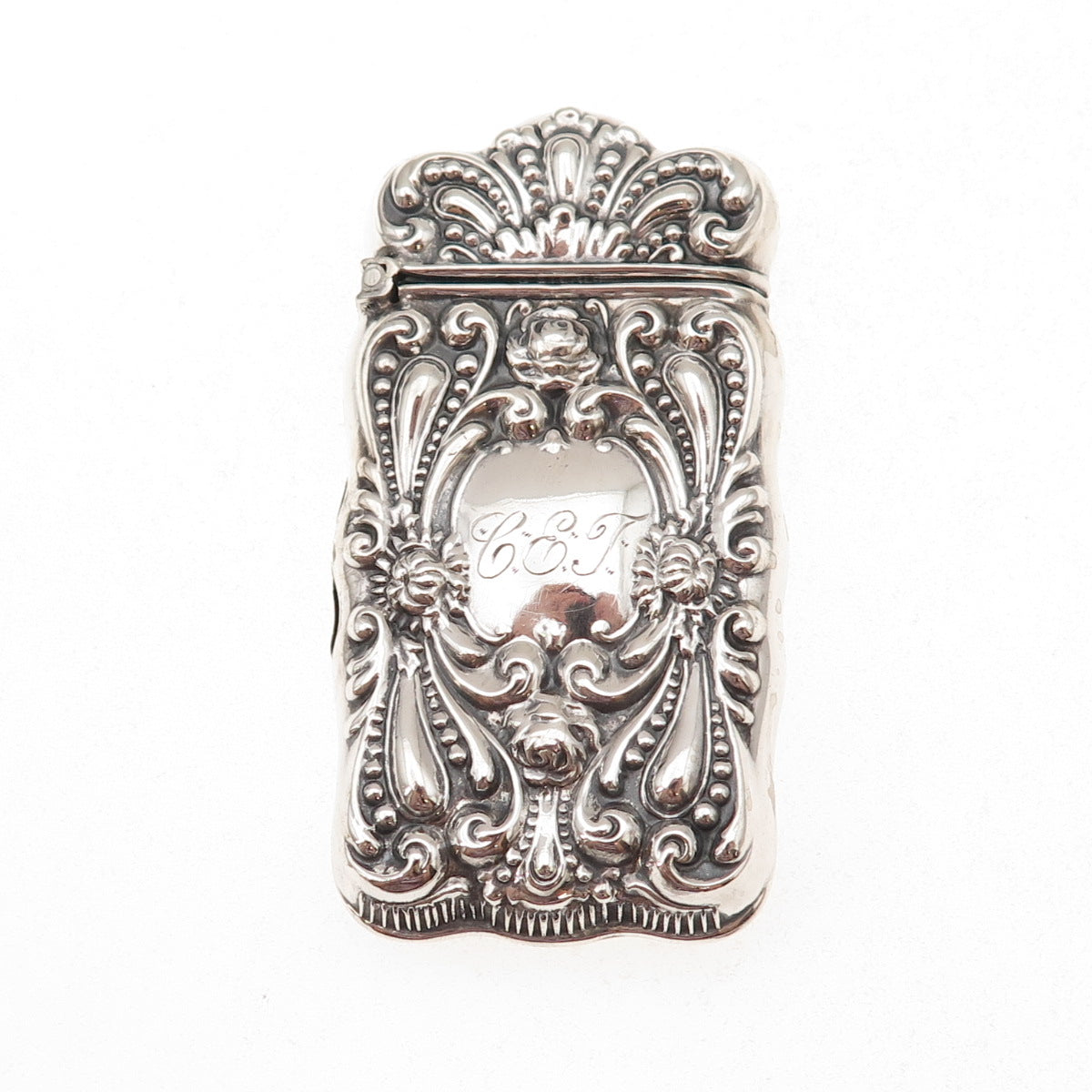 925 Sterling Silver Antique Art Deco Engraved Mono Repousse Vesta Match Case