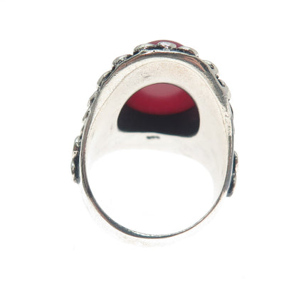 925 Sterling Silver Vintage Real Rhodonite Circle Link Oxidized Ring Size 8.75