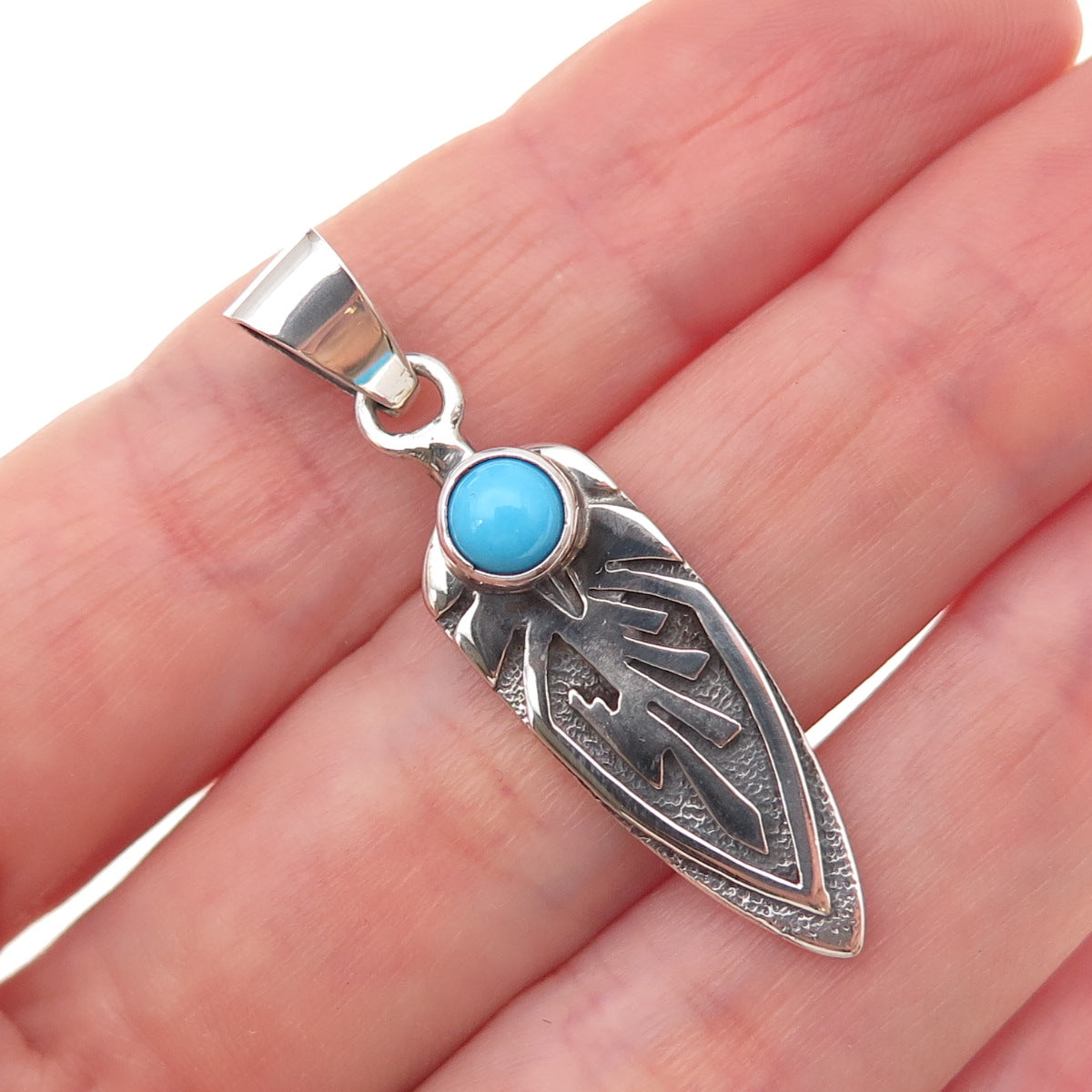 Old Pawn 925 Sterling Silver Vintage Turquoise Feather Tribal Charm Pendant