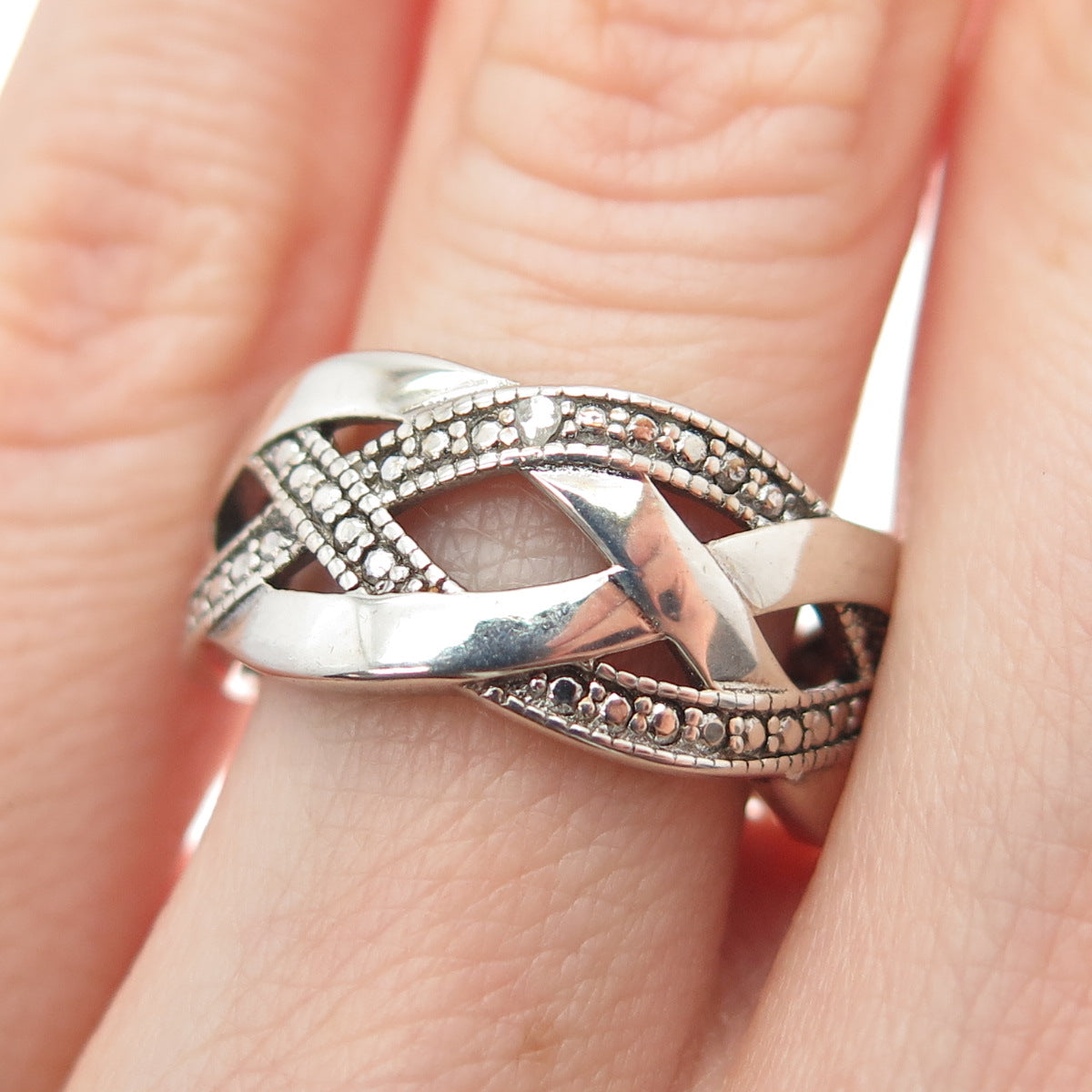 DBJ DEE BERKLE 925 Sterling Silver Real Diamond Accent Woven Ring Size 6