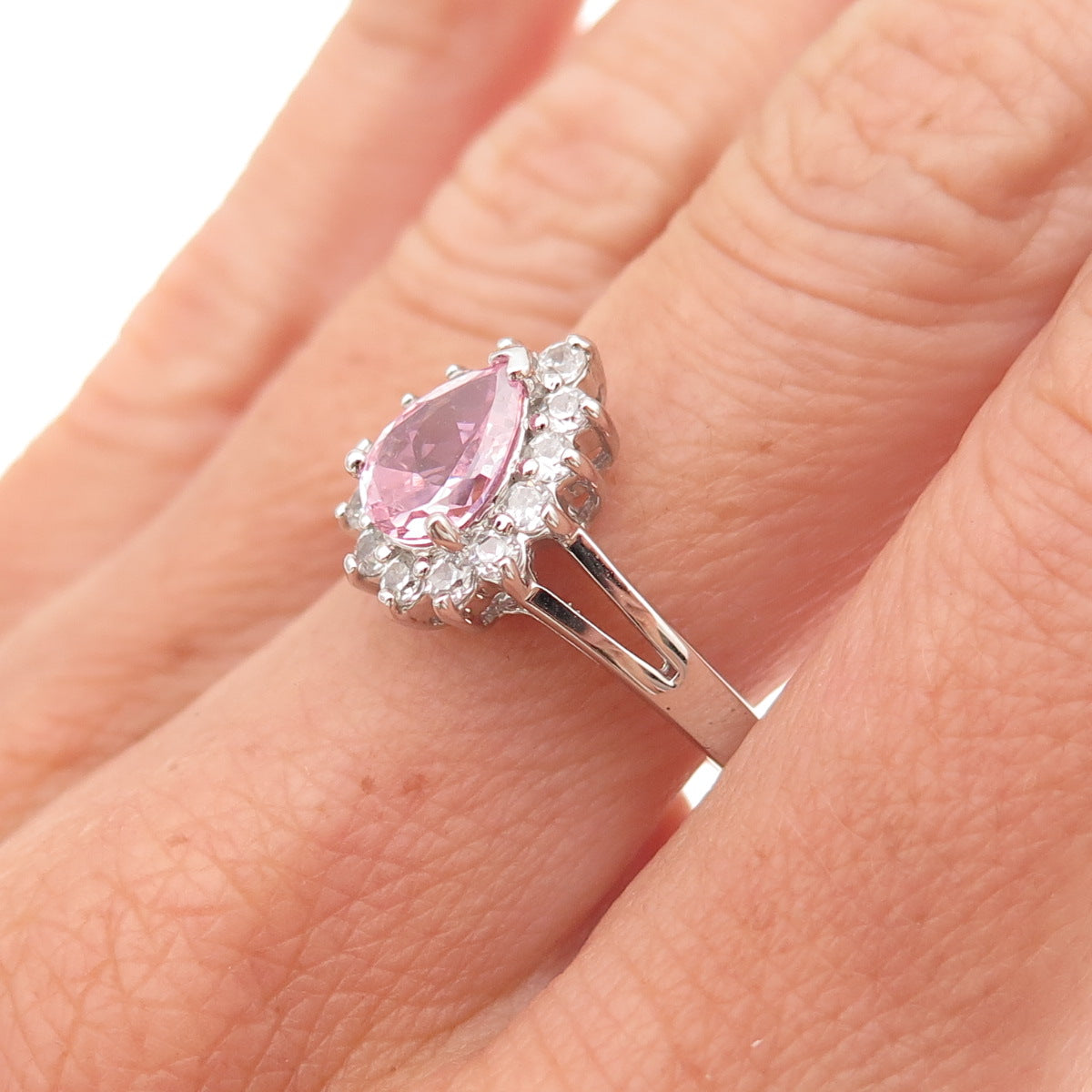 Diadema 925 Sterling Silver Pear-Cut Pink & Round-Cut White C Z Ring Size 8