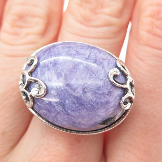 925 Sterling Silver Vintage Real Cabochon Charoite Ornate Ring Size 6.5