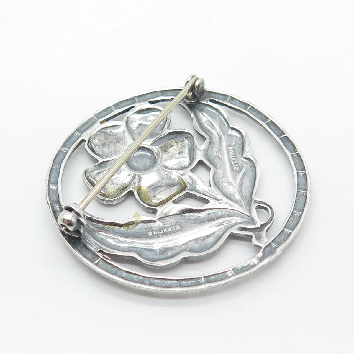 925 Sterling Silver Vintage Round Floral Pin Brooch