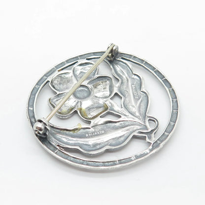 925 Sterling Silver Vintage Round Floral Pin Brooch