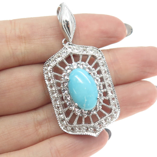 925 Sterling Silver Real White Topaz & Turquoise Bohemian Pendant