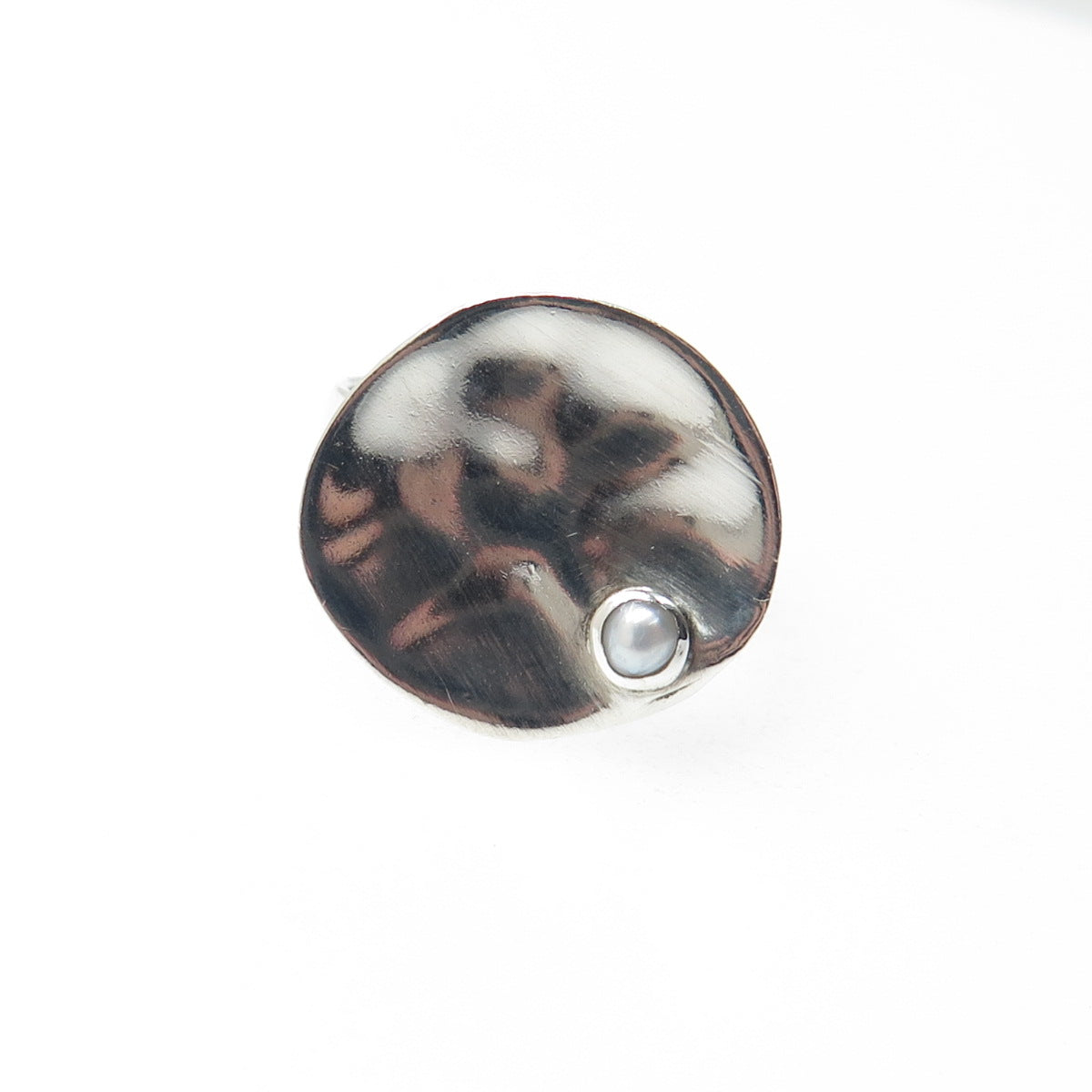 BARONI 925 Sterling Silver Vintage Real Pearl Modernist Hammered Ring Size 7.25