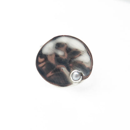 BARONI 925 Sterling Silver Vintage Real Pearl Modernist Hammered Ring Size 7.25