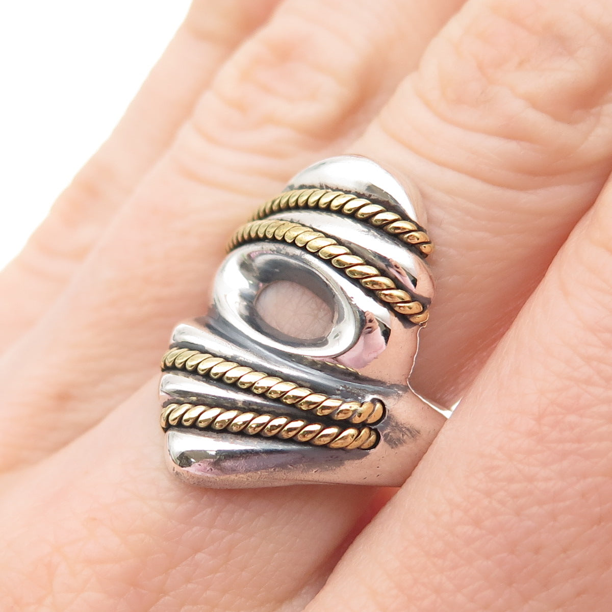 925 Sterling Silver 2-Tone Vintage Mexico Modernist Oxidized Ring Size 7.25