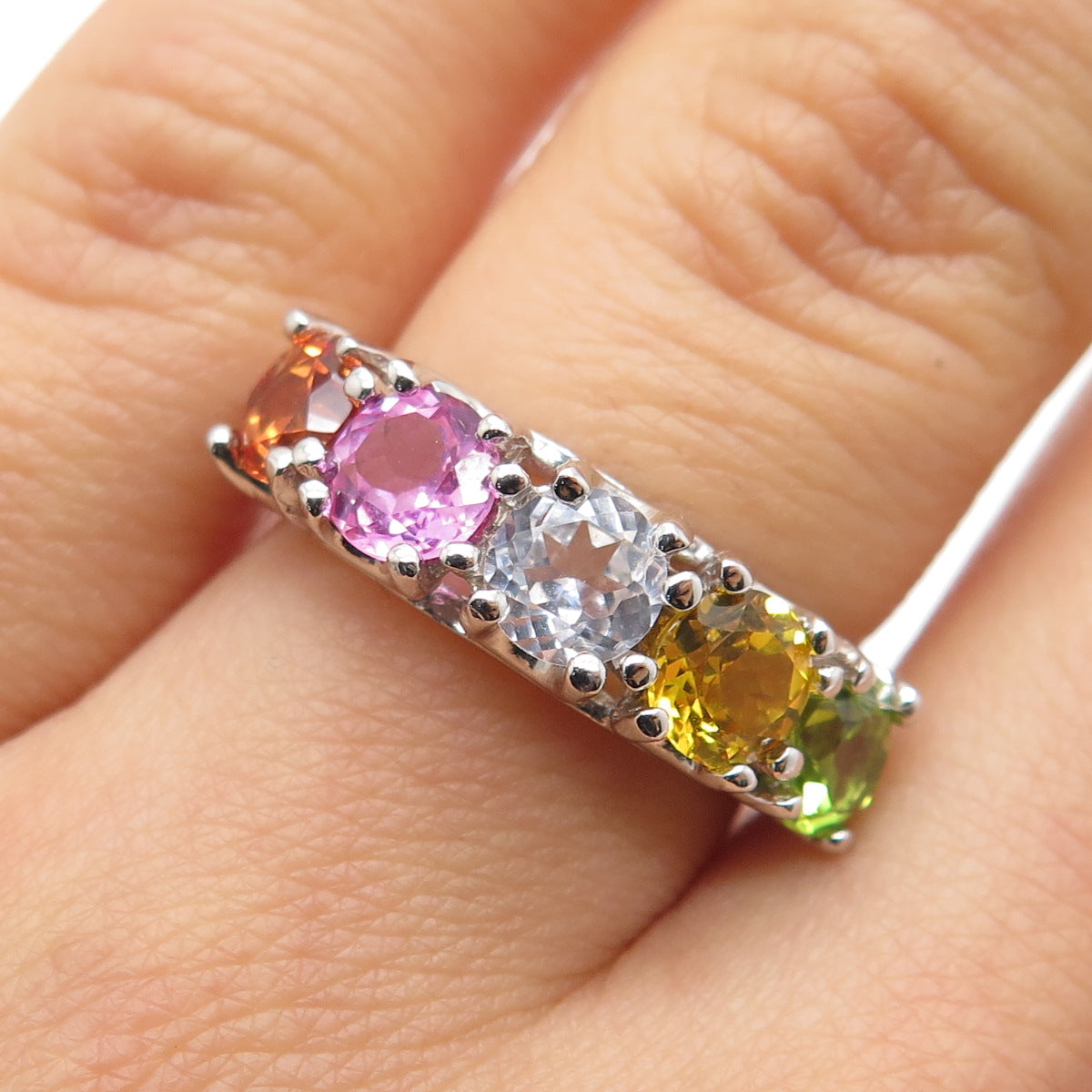 925 Sterling Silver Real Round-Cut Multi-Color Topaz Ring Size 6.25