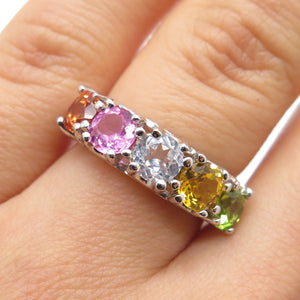 925 Sterling Silver Real Round-Cut Multi-Color Topaz Ring Size 6.25