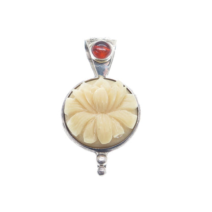 925 Sterling Silver Vintage Real Red Amber & Carved MOP Flower Pendant