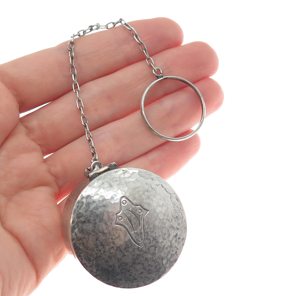 WEBSTER 925 Sterling Silver Antique Engraved Chatelaine Compact Case w/ Chain