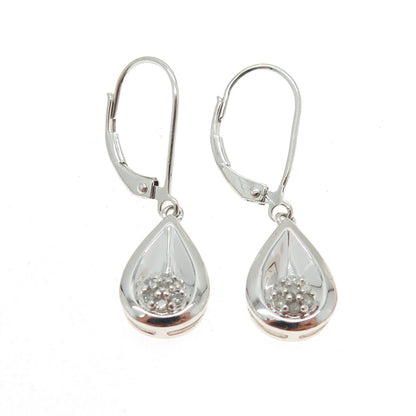 SUN 925 Sterling Silver Real Round-Cut Diamond Teardrop Dangle Earrings