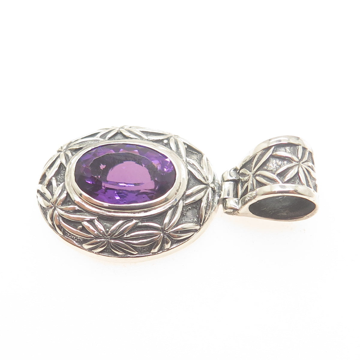 925 Sterling Silver Vintage Real Amethyst Floral Ornate Oxidized Pendant