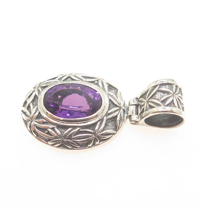 925 Sterling Silver Vintage Real Amethyst Floral Ornate Oxidized Pendant