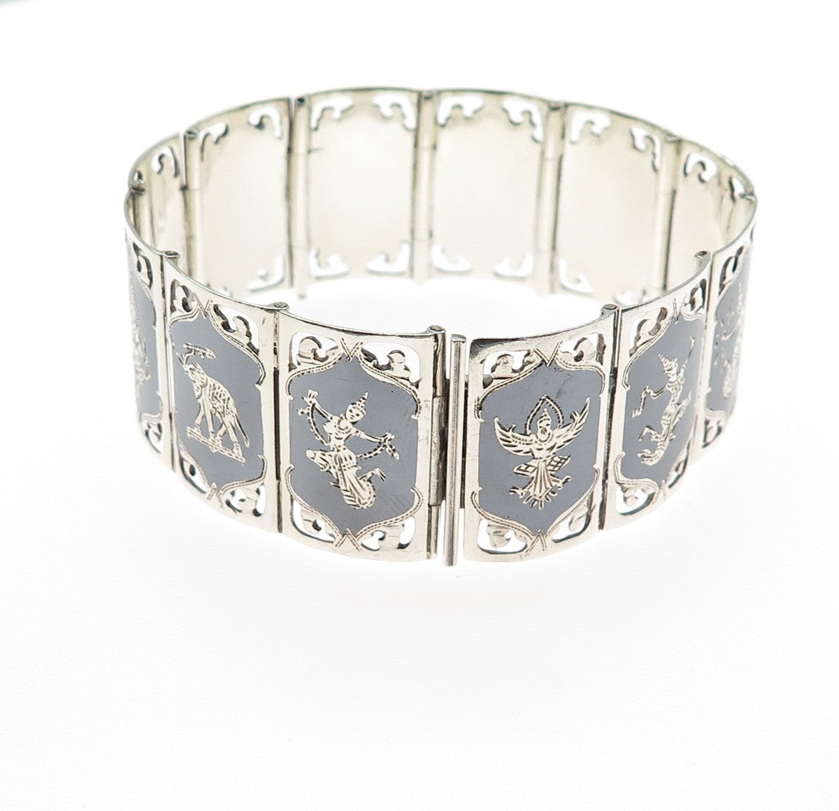 925 Sterling Silver Antique Siam Niello Hindu Goddess Panel Link Bracelet 6.75"