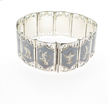 925 Sterling Silver Antique Siam Niello Hindu Goddess Panel Link Bracelet 6.75"
