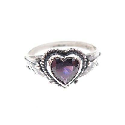925 Sterling Silver Vintage Real Amethyst Heart Oxidized Ring Size 6.5