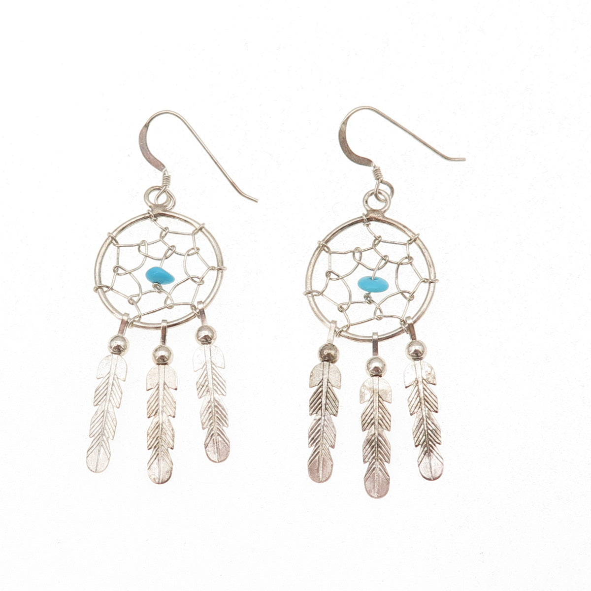 Old Pawn 925 Sterling Silver Vintage Turquoise Dreamcatcher Dangle Earrings