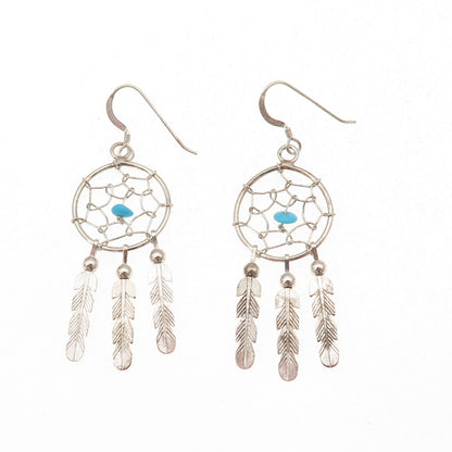 Old Pawn 925 Sterling Silver Vintage Turquoise Dreamcatcher Dangle Earrings