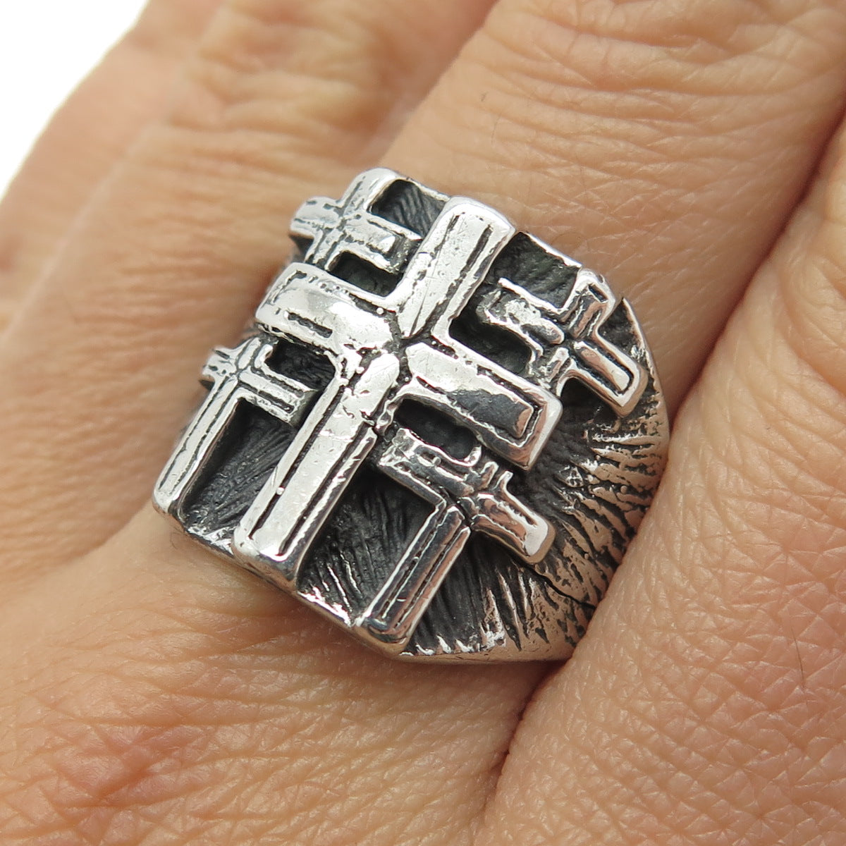 925 Sterling Silver Vintage Cross Oxidized Ring Size 10.25