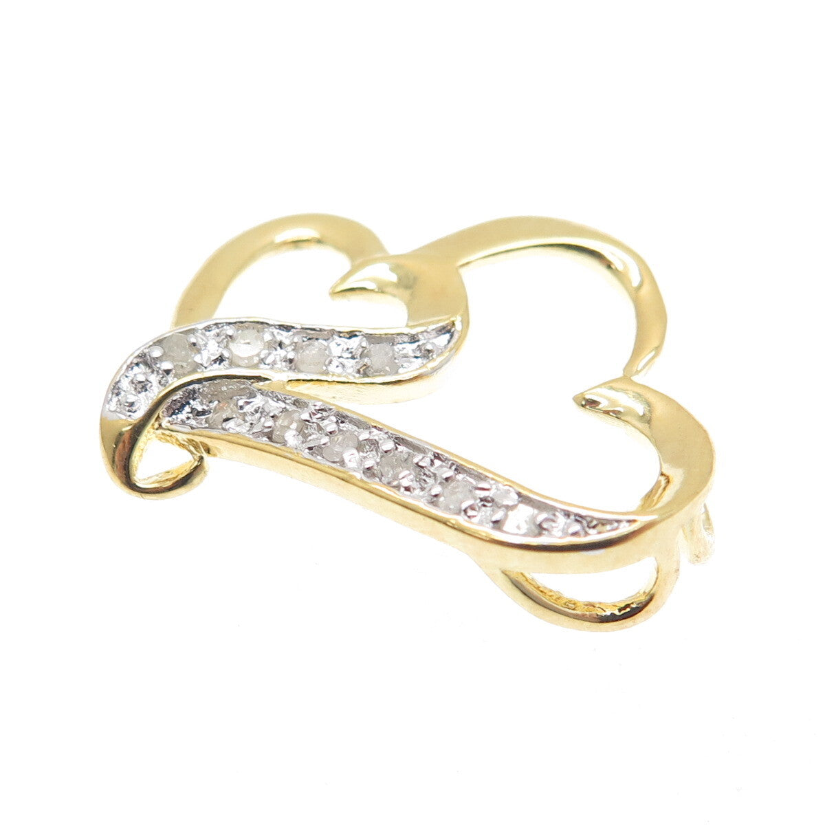 925 Sterling Silver Gold Plated Real Round-Cut Diamond Two Hearts Mini Pendant