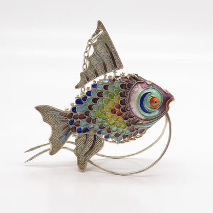 925 Sterling Silver Enamel Antique Chinese Articulated Koi Fish Chatelaine Fob