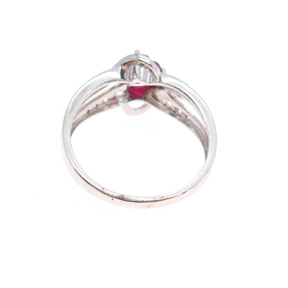 925 Sterling Silver Real White Topaz & Lab-Created Ruby Heart Ring Size 9