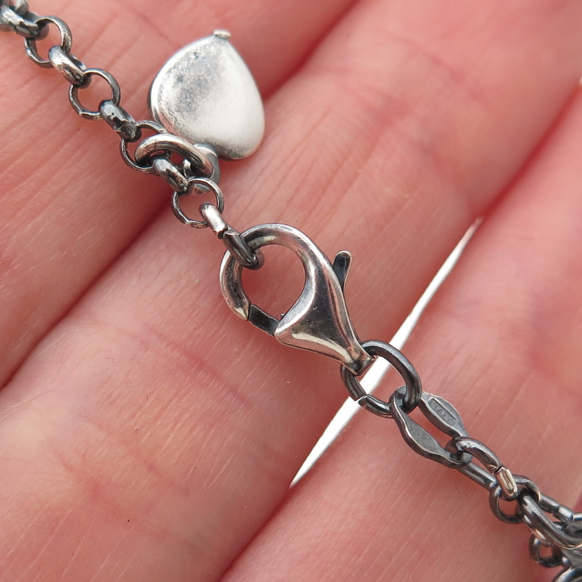 925 Sterling Silver Vintage Italy Heart Lock Charm Rolo Link Bracelet 7"