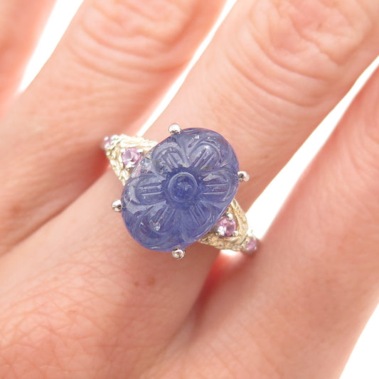 Chuck Clemency 925 Sterling 2-Tone Real Tanzanite & Pink Topaz Ring Size 8.25
