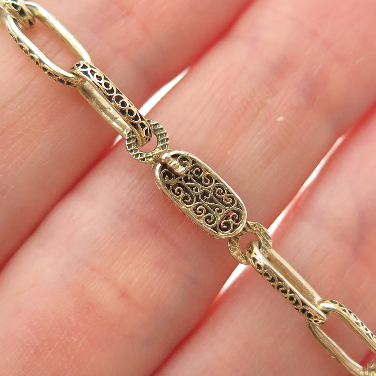 925 Sterling Gold Plated Antique China Filigree Ball Oval Link Bracelet 5.75"