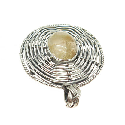 925 Sterling Silver Vintage Rutilated Quartz Modernist Wicker Oxidized Pendant
