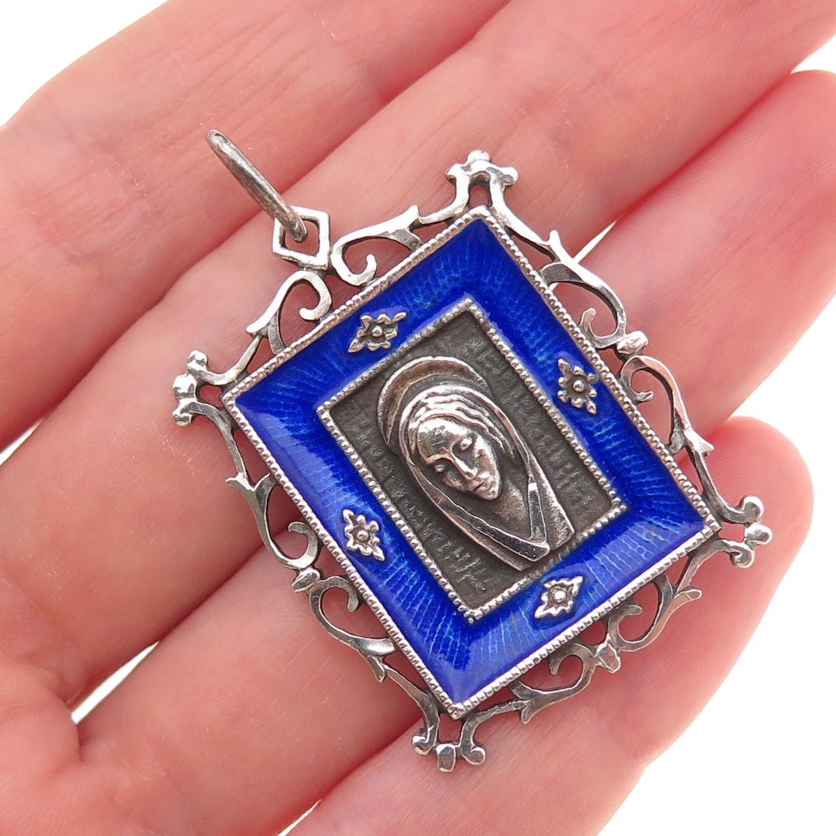 Ottaviani 925 Sterling Silver Vintage Italy Enamel Virgin Mary Charm Pendant