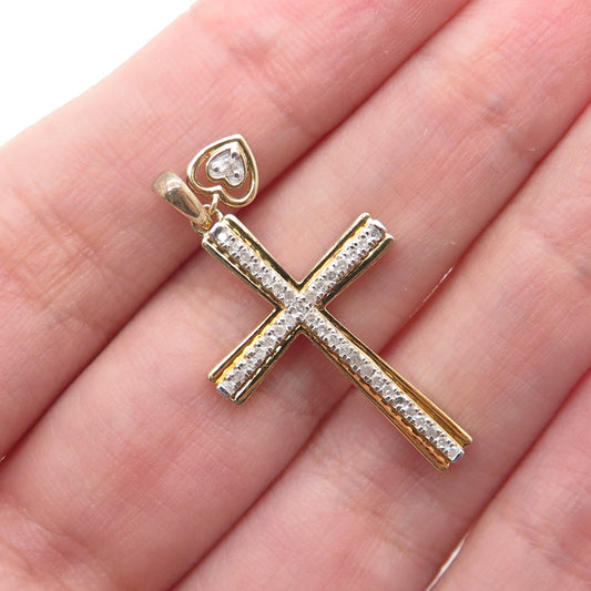 925 Sterling Silver Gold Plated Real Diamond Cross & Heart Charm Pendant