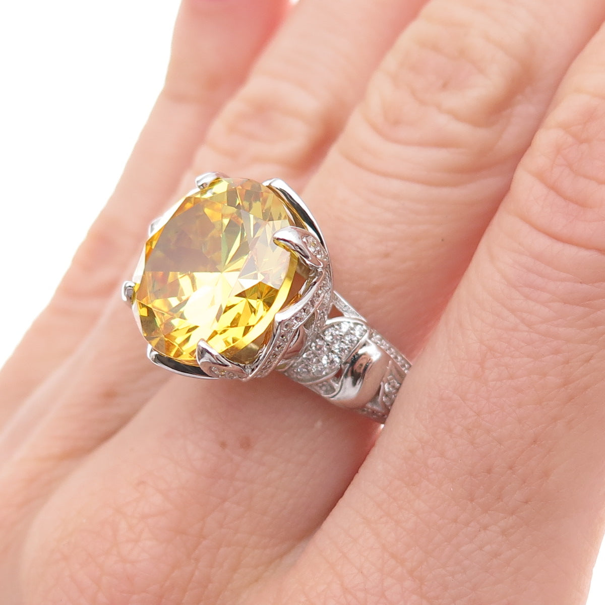 925 Sterling Silver Round-Cut Canary & White C Z Statement Ring Size 7.25