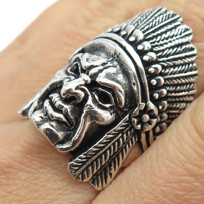 925 Sterling Silver Vintage Indian Chief Tribal Statement Ring Size 8.75