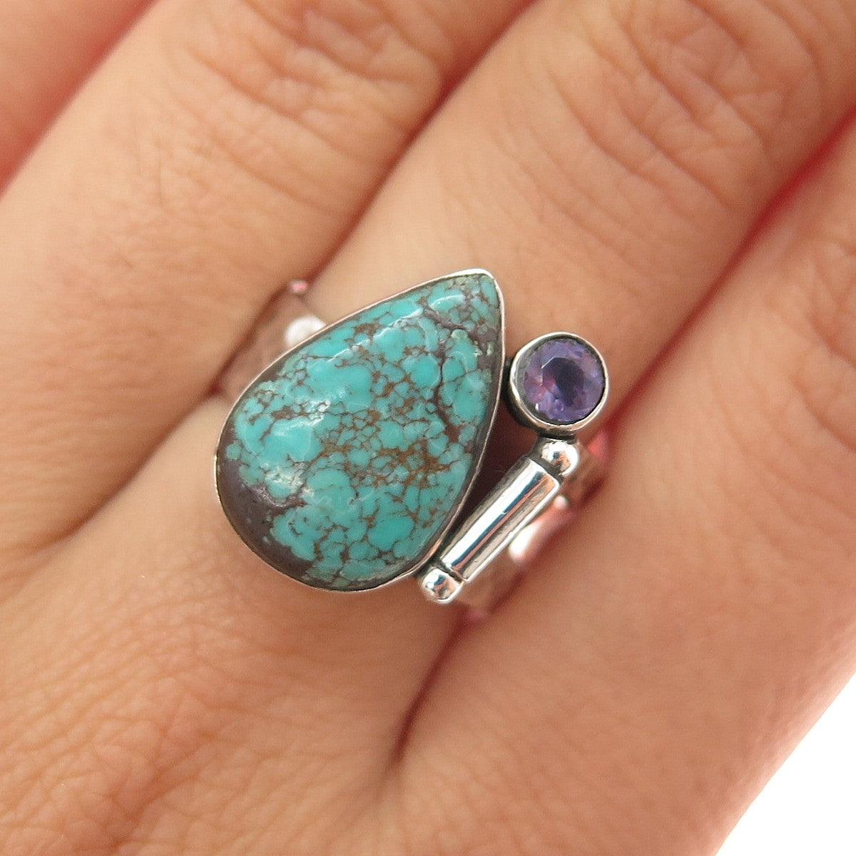 925 Sterling Silver Vintage Real Turquoise & Amethyst Modernist Ring Size 8.25