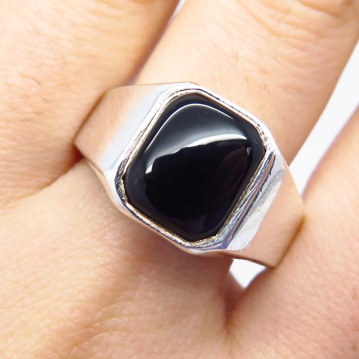925 Sterling Silver Vintage Real Black Onyx Gemstone Ring Size 12.25