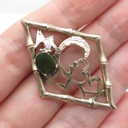 WELLS 925 Sterling Silver Gold Plated Vintage Real Jade Heart Bamboo Pin Brooch