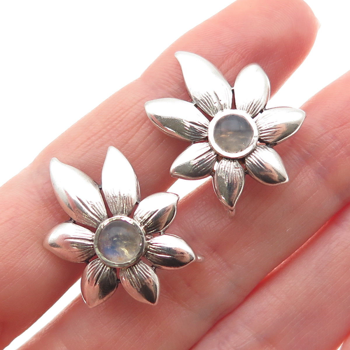 Madeleine Turner Sterling Vintage Real Moonstone Floral Screw Back Earrings #175