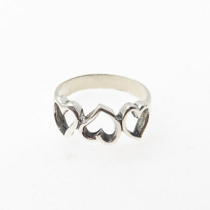 925 Sterling Silver Vintage Triple Heart Oxidized Ring Size 6.75