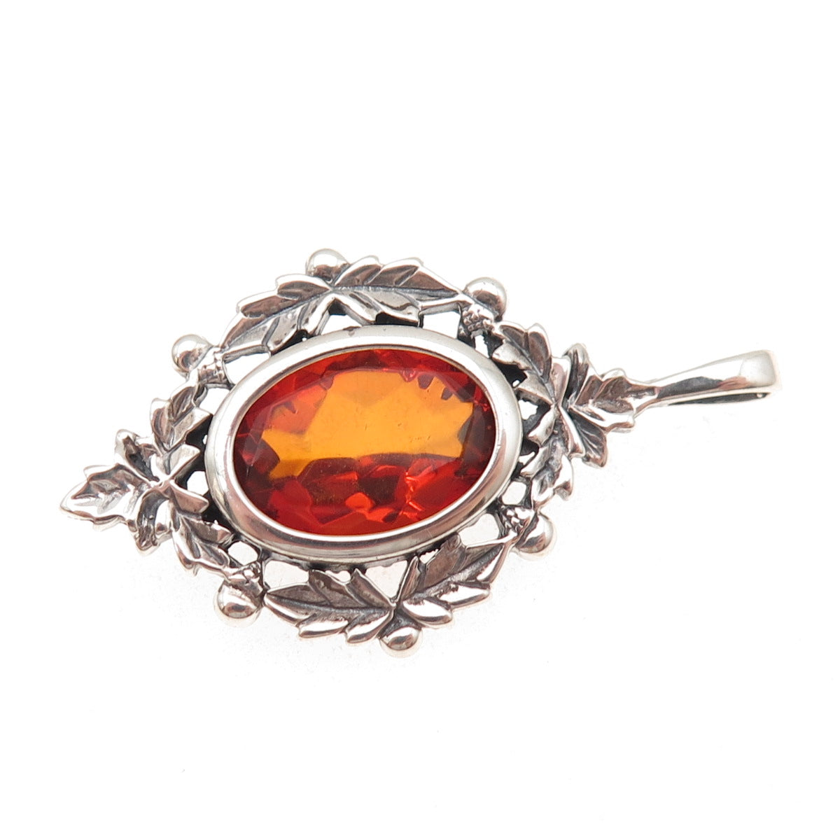 925 Sterling Silver Vintage Real Amber Floral Oxidized Charm Pendant