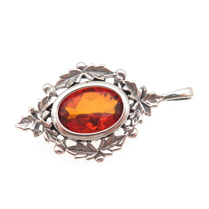 925 Sterling Silver Vintage Real Amber Floral Oxidized Charm Pendant