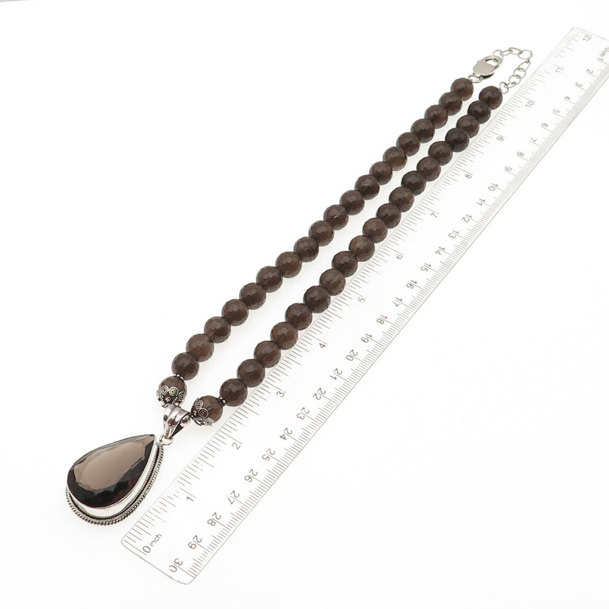 925 Sterling Silver Vintage Real Smoky Quartz Ball Beaded Necklace 16-18"