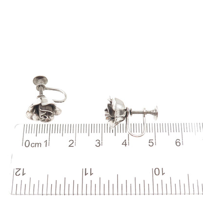 JewelArt 925 Sterling Silver Vintage Rose Flower Oxidized Screw Back Earrings