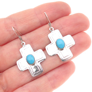 Sidney Evan 925 Sterling Silver Vintage Real Turquoise Cross Dangle Earrings