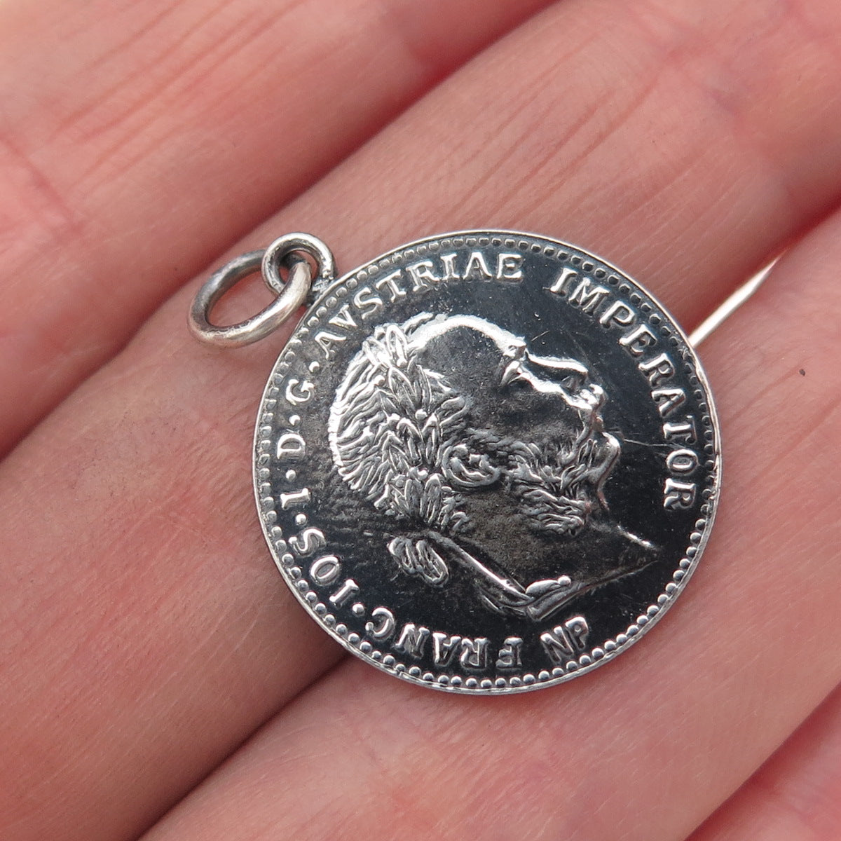 Silver Antique 1915 Austrian Empire Franz Joseph I Coin Replica Charm Pendant