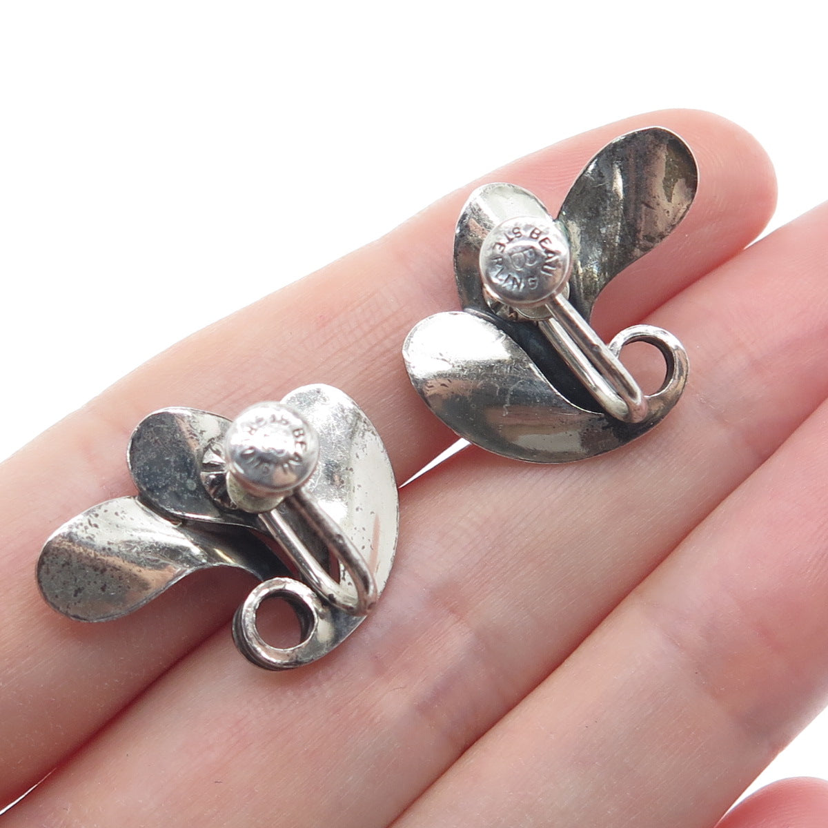 BEAU 925 Sterling Silver Antique Floral Leaf Oxidized Screw Back Earrings