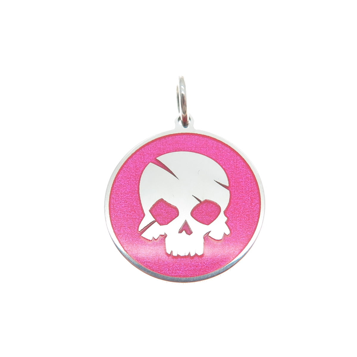 925 Sterling Silver Pink Enamel Pirate Skull Round Tag Minimalist Charm Pendant